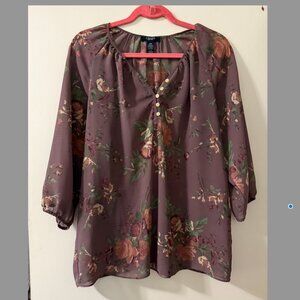 Chaps 🪻 Rose/Purple Chiffon Quarter length sleeve Floral Henley 🪻 Size L